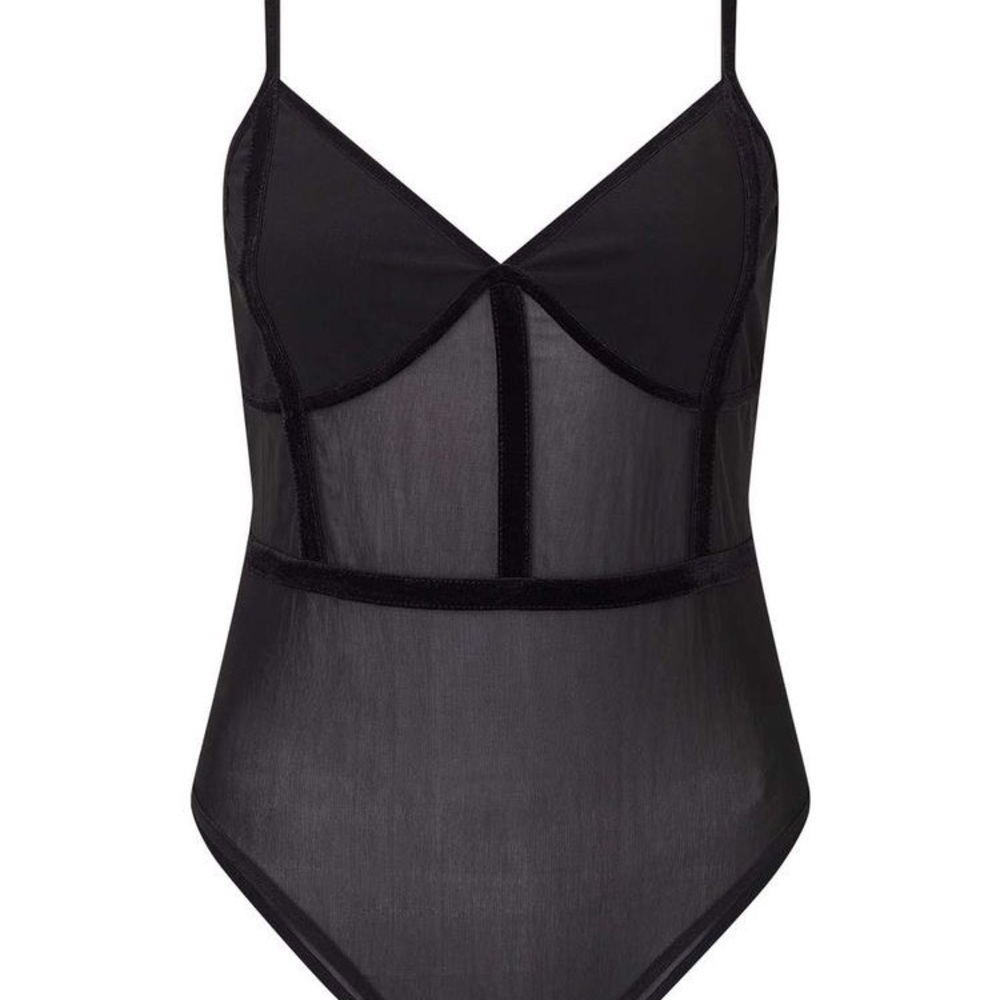Miss Selfridge by ASOS, NBW, Black, Velvet Trimmed Body Suit, Size 4